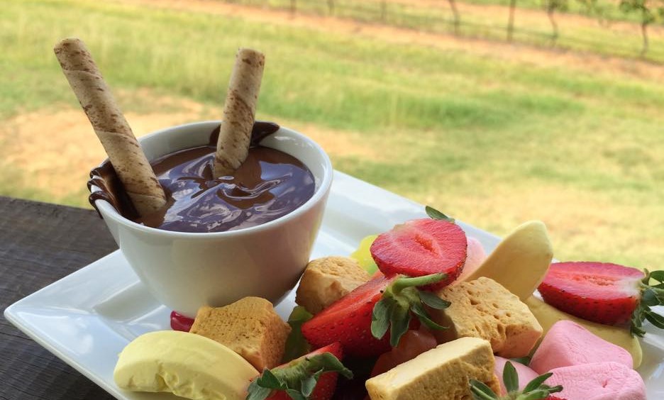 sabor dessert bar dipping chocolcate and fresh fruit on a sample plate